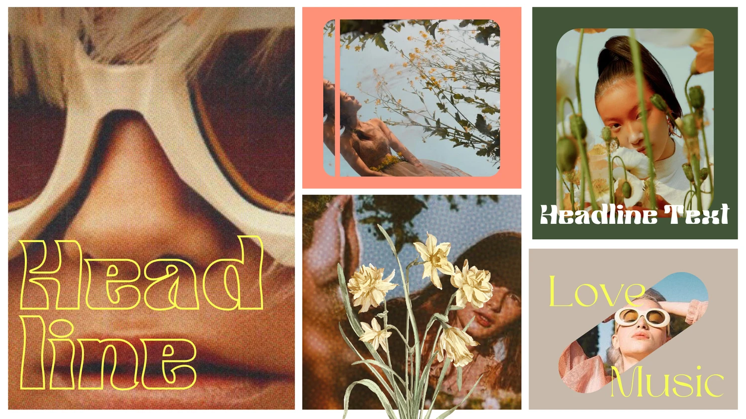 Moodboard collage with retro festival photography, bold serif typography, and warm earthy tones