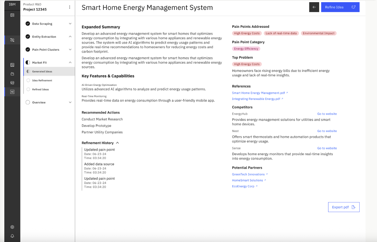 Expanded idea view with summary, pain point tags, competitors, partners, recommended actions, and refinement history