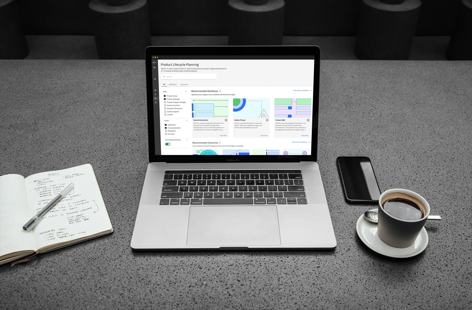 IGX Product Lifecycle Planning dashboard shown on a MacBook Pro in a workspace setting