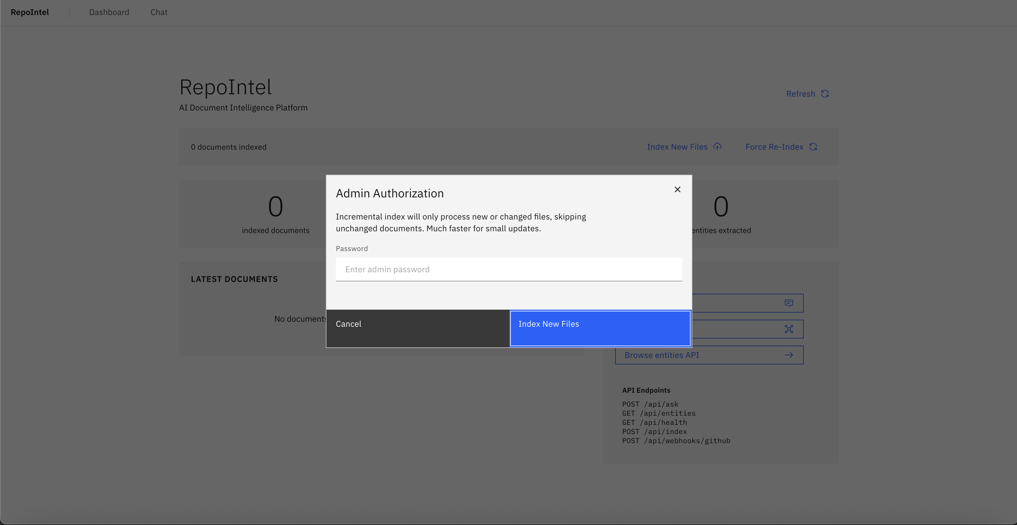 RepoIntel admin authorization modal for triggering incremental indexing