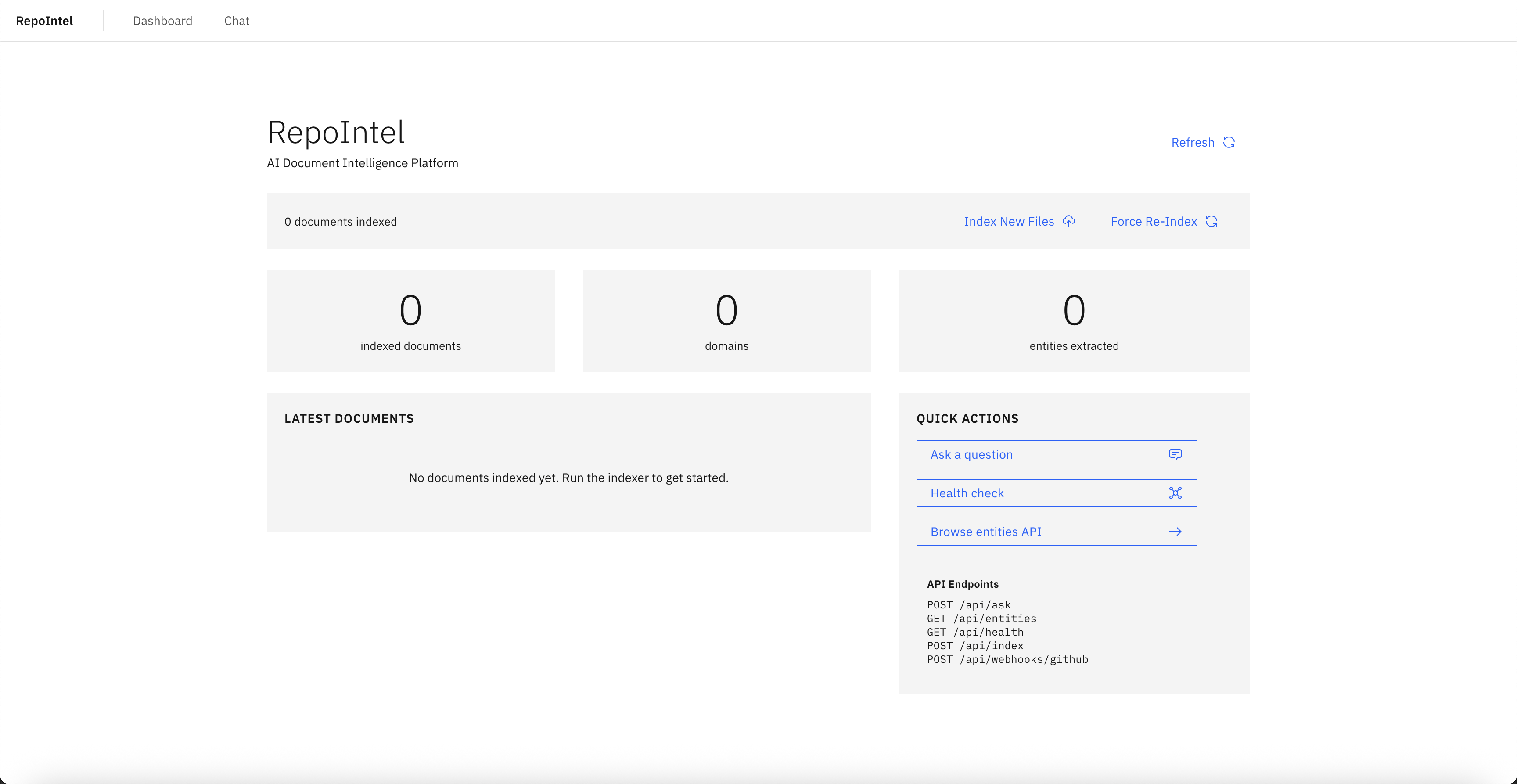 RepoIntel dashboard showing document stats, quick actions, and API endpoints