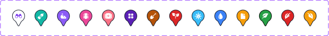 Custom map pin icon set showing 14 colored observation type markers for crops, pests, weather, irrigation, and field conditions