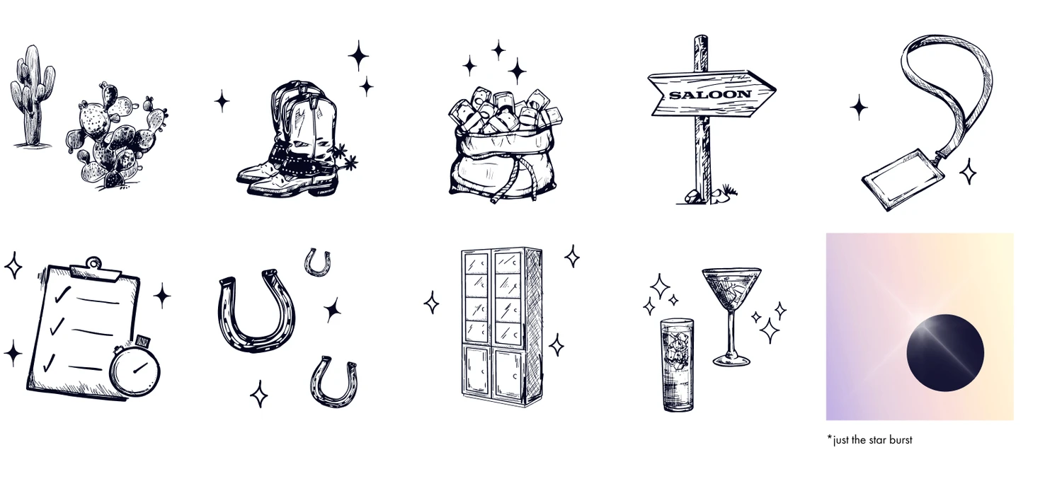 Hand-drawn illustration set: cactus, cowboy boots, horseshoe, saloon sign, drinks, and lockers