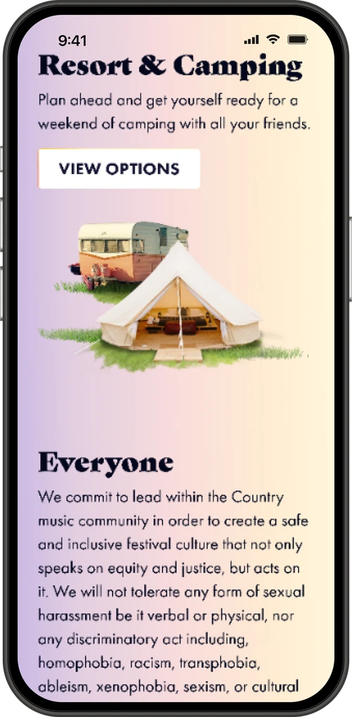 Mobile Resort and Camping page with glamping tent and inclusivity statement