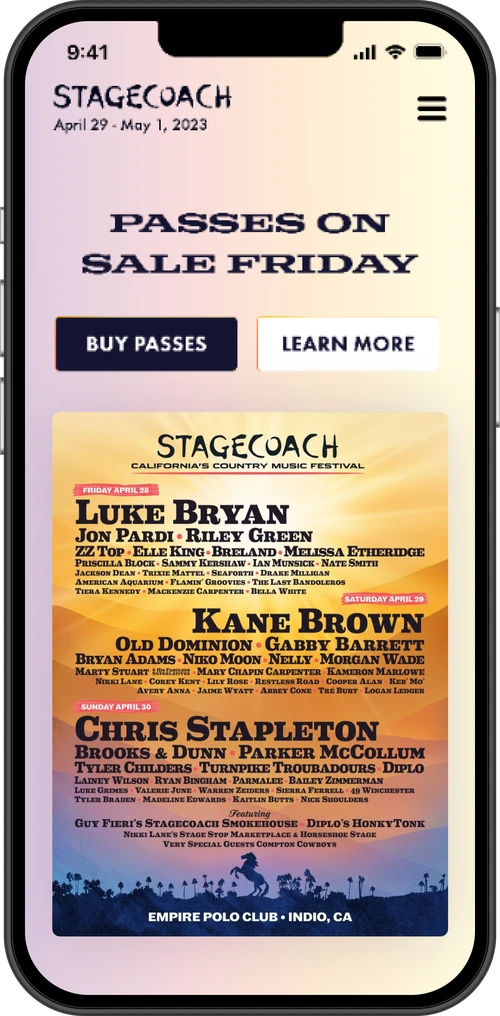 Mobile lineup page with headliners Luke Bryan, Kane Brown, and Chris Stapleton