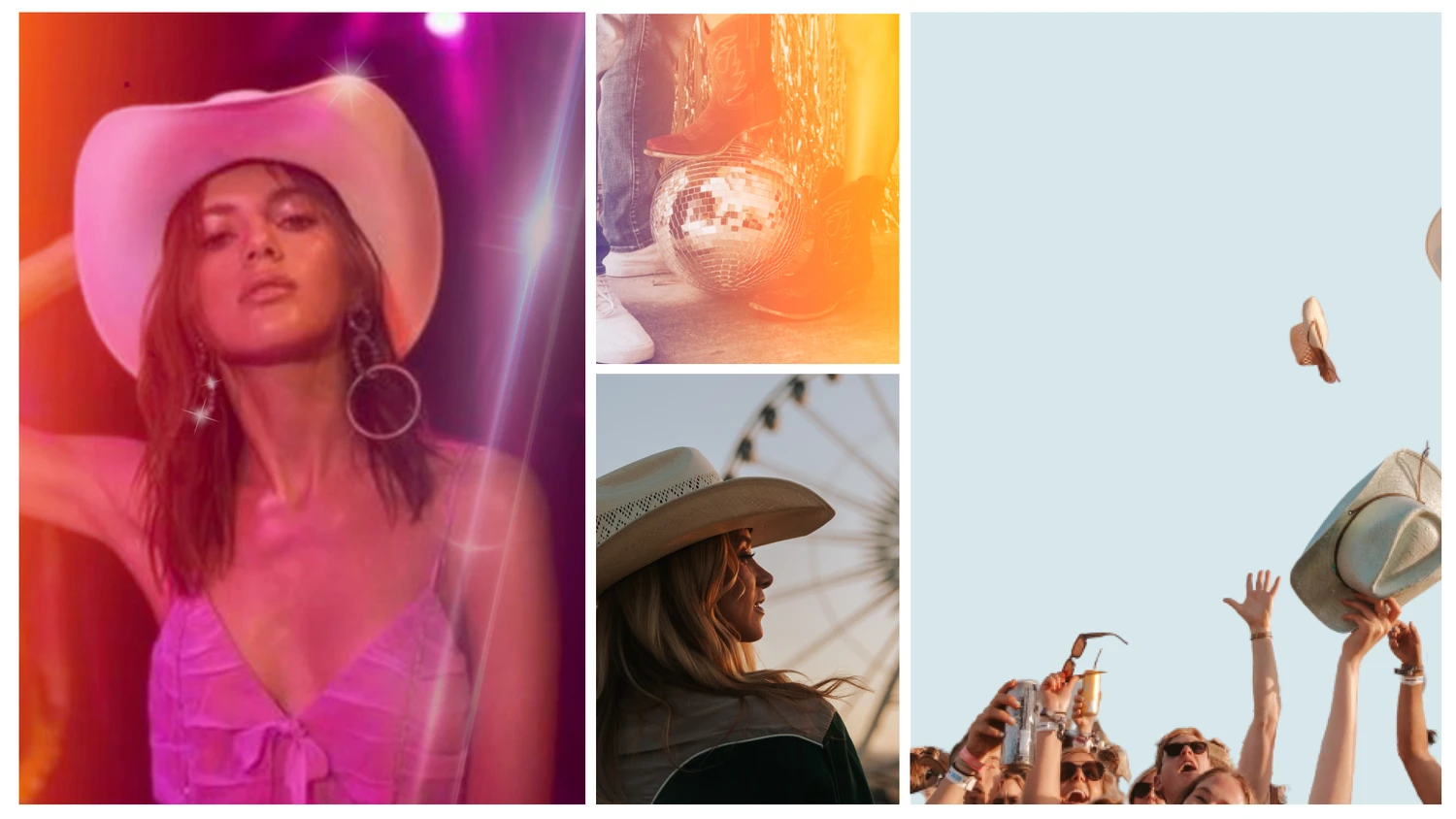 Disco cowboy moodboard with neon pink cowgirl, disco ball boots, and festival crowd throwing hats