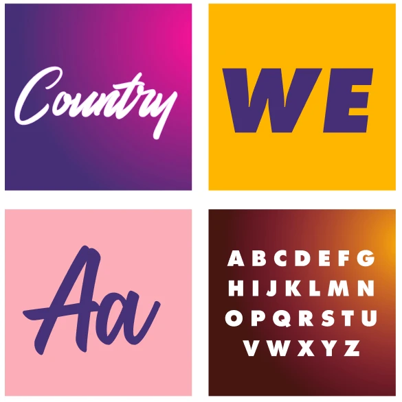 Typography specimens showing script and bold sans-serif styles in magenta, gold, and pink