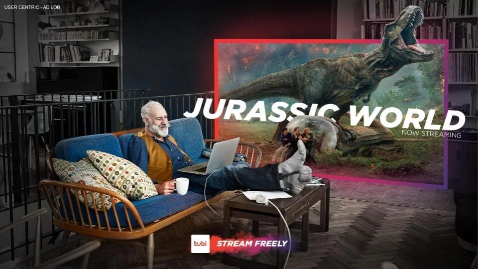 Tubi video ad frame: Jurassic World with Stream Freely tagline
