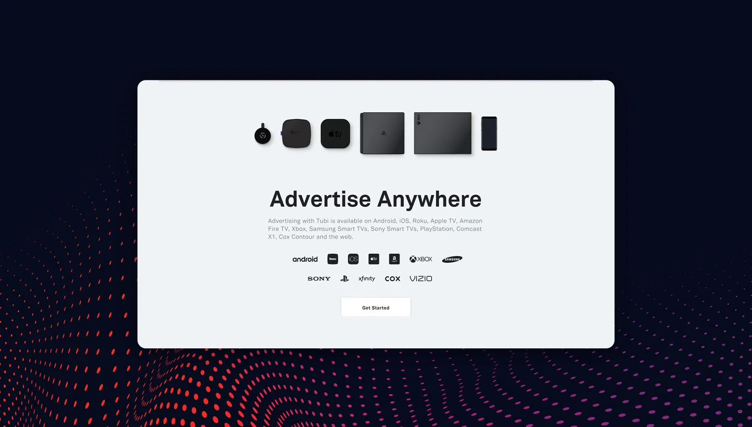 Advertise Anywhere section showing cross-platform support across Android, iOS, Roku, Apple TV, Xbox, Samsung, and more