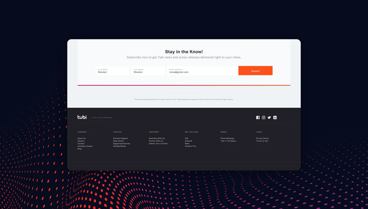 Partners site footer with newsletter signup, navigation, and social links