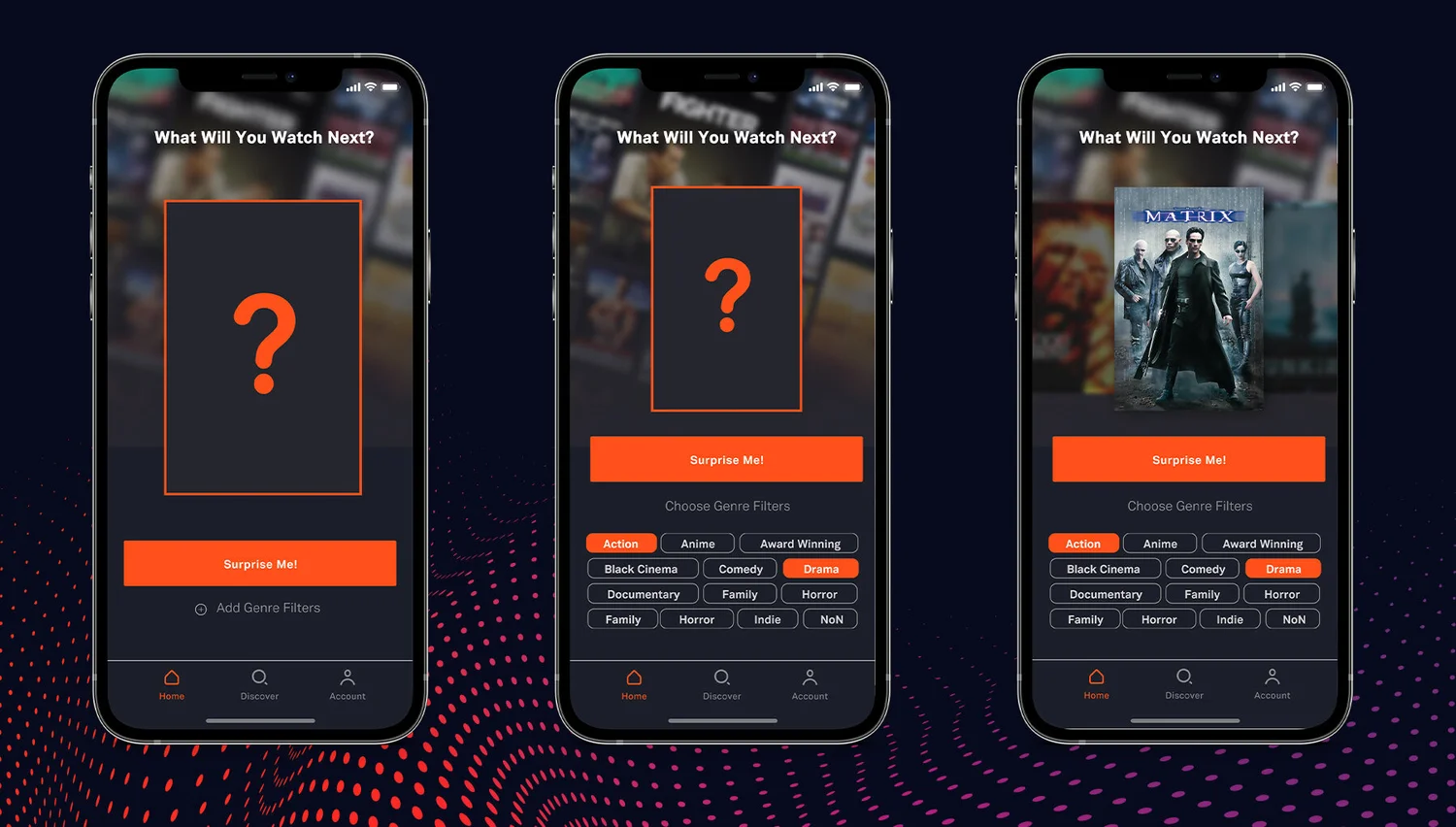Three iPhone screens showing the Random Movie Generator: mystery card with question mark, genre filter selection, and The Matrix reveal