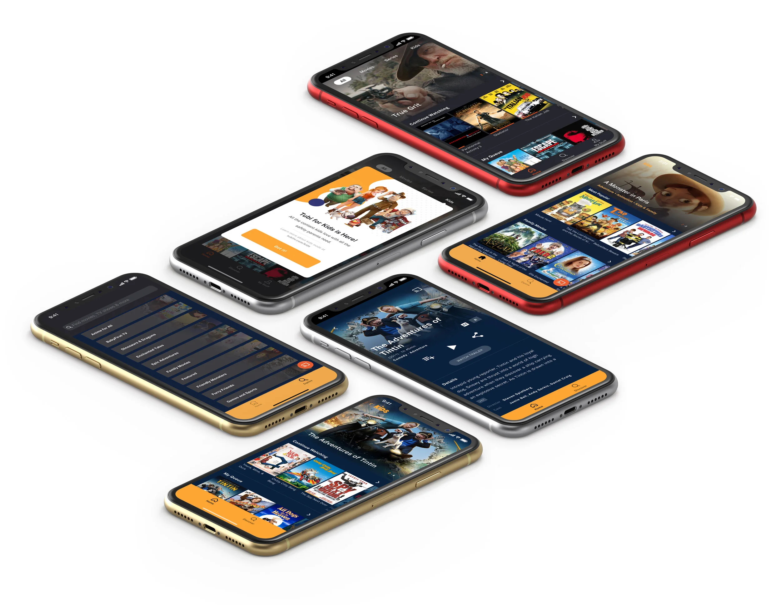 Tubi mobile app screens in isometric layout showing Tubi Kids, movie detail pages, and content browsing